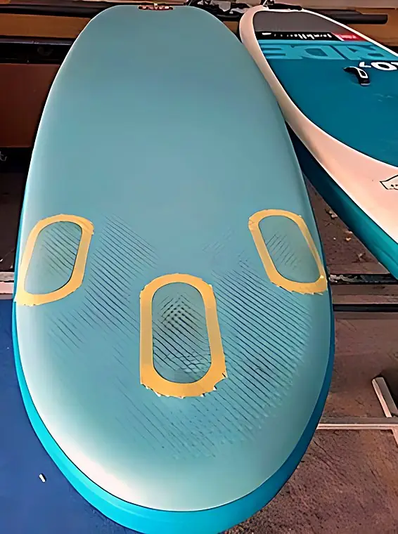 Fin and seam bonding on an inflatable SUP board, before