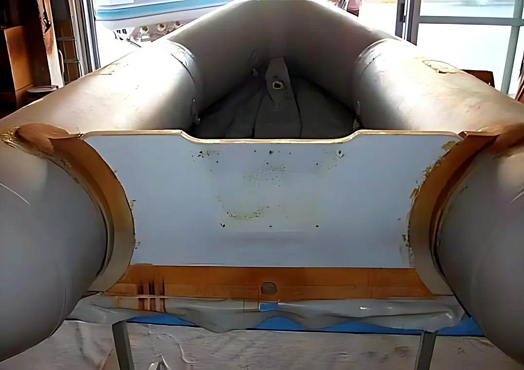 Transom and trim bonding on a PVC conventional inflatable, before