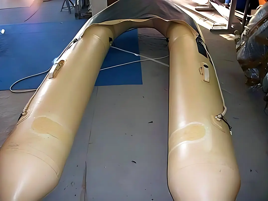 Transom and floor bonding on a Zed heat-welded PVC inflatable boat, before